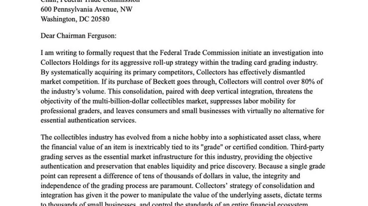 Member of Congress Calls for FTC Antitrust Probe Into Trading Card Grading Industry, What It Means for CardRevive and Collectors Everywhere. CardRevive editorial cover image