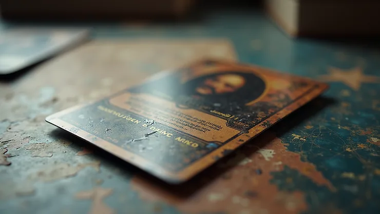 A worn vintage trading card with heavy surface wear resting on a workbench.