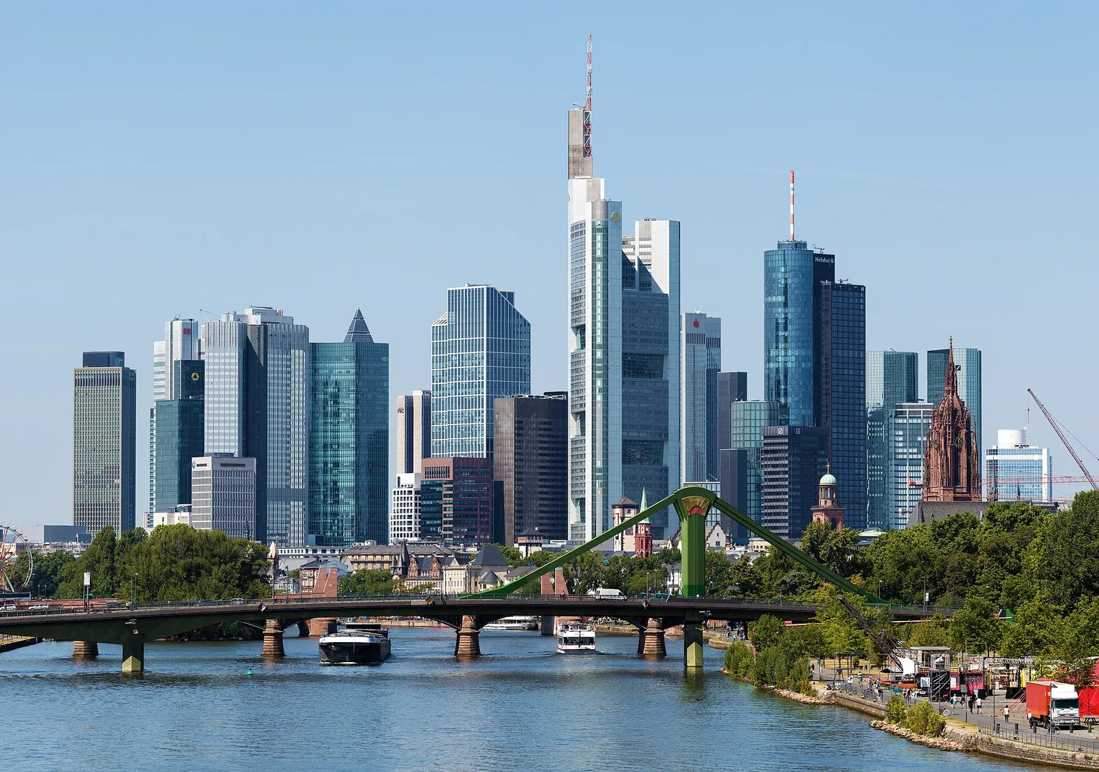 The Frankfurt skyline seen across the River Main on a clear day.