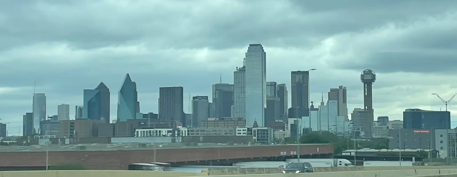 The Dallas, Texas skyline seen at dusk.