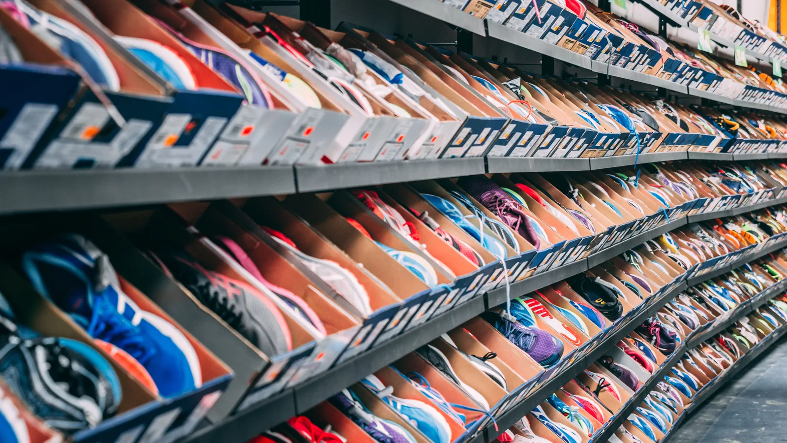 Rows of sneakers displayed on shelves inside a shoe store.