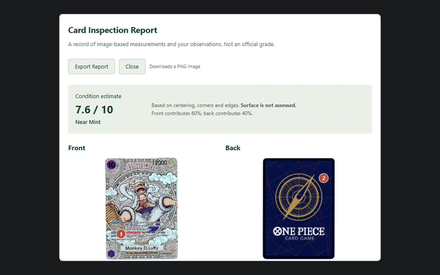 The real CardRevive Inspector interface displaying front and back card images in a condition report