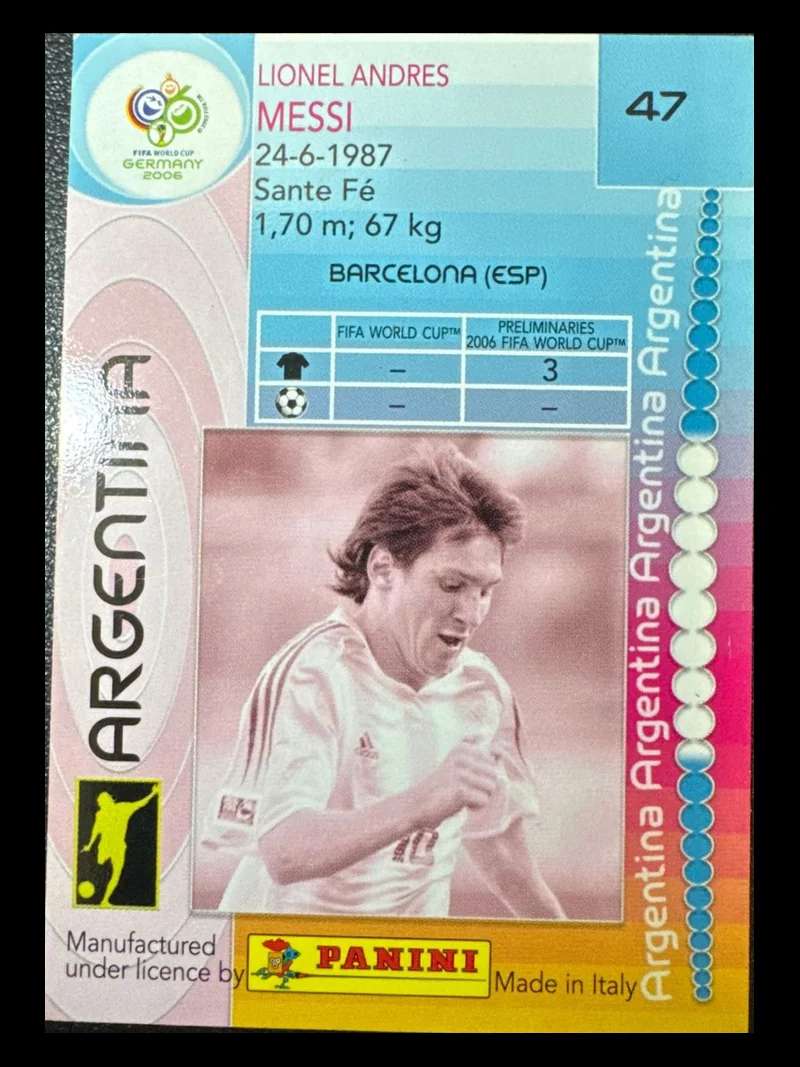 The back of a Lionel Messi Panini FIFA World Cup Germany 2006 card, number 47, before restoration at CardRevive