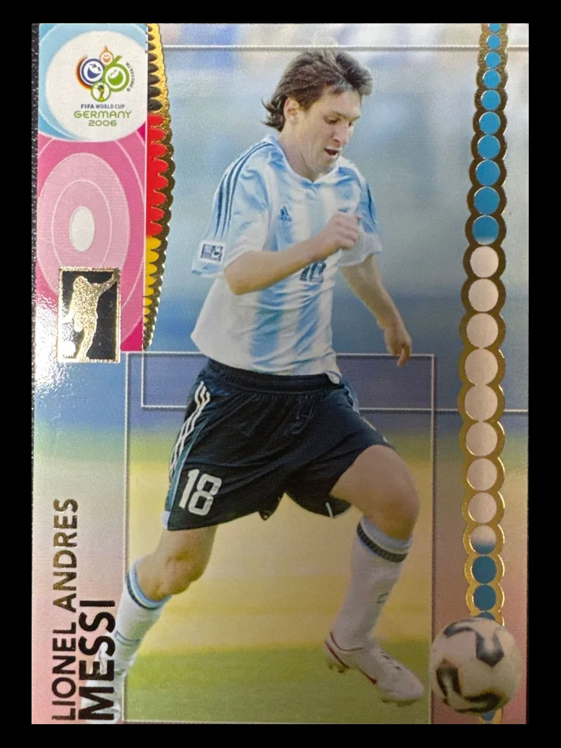 The front of a Lionel Messi Panini FIFA World Cup Germany 2006 card, number 47, before restoration at CardRevive