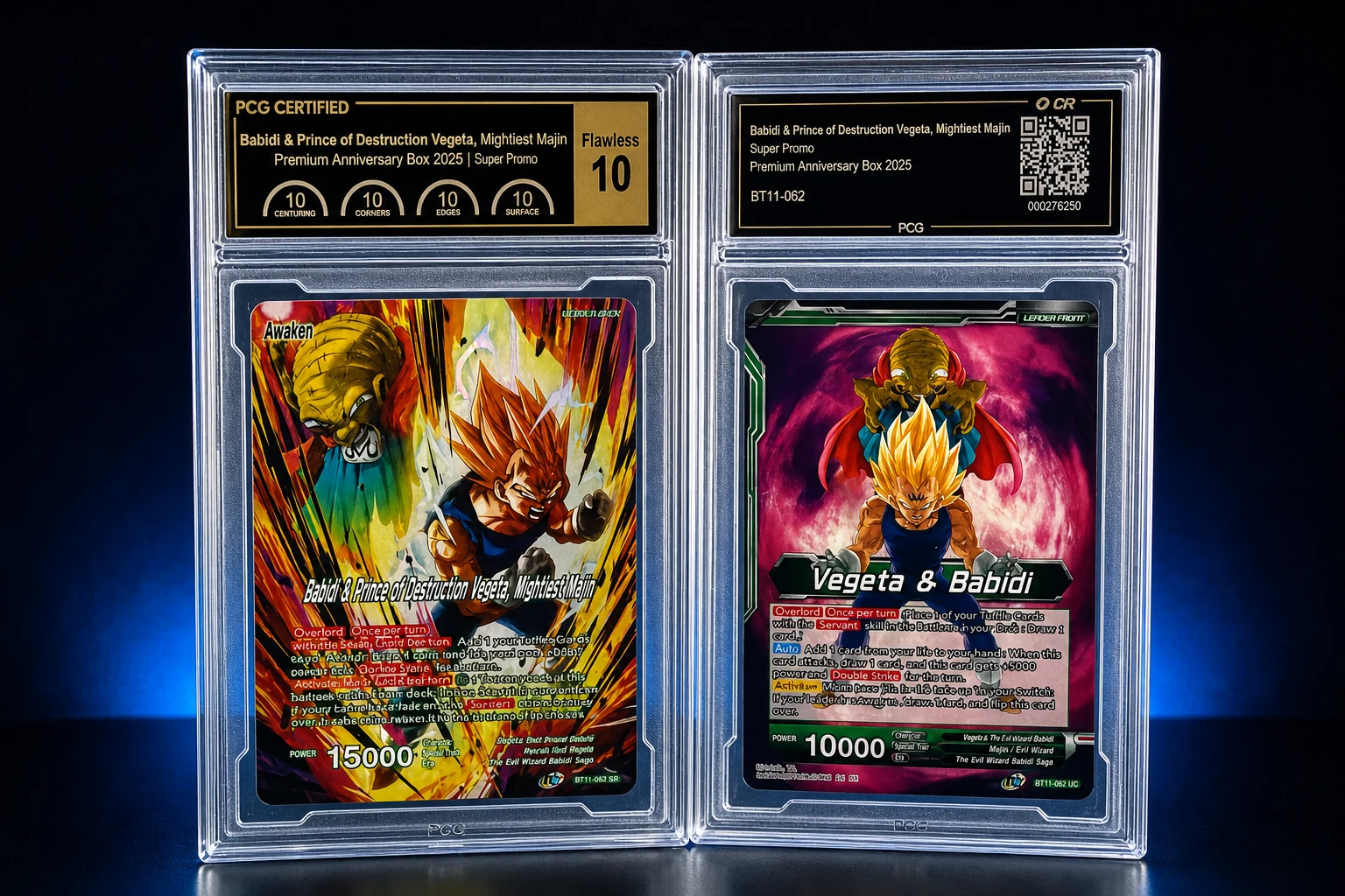 Studio composite showing the front and rear of a PCG graded Dragon Ball trading card slab side by side, with the CR mark above the rear-label QR code