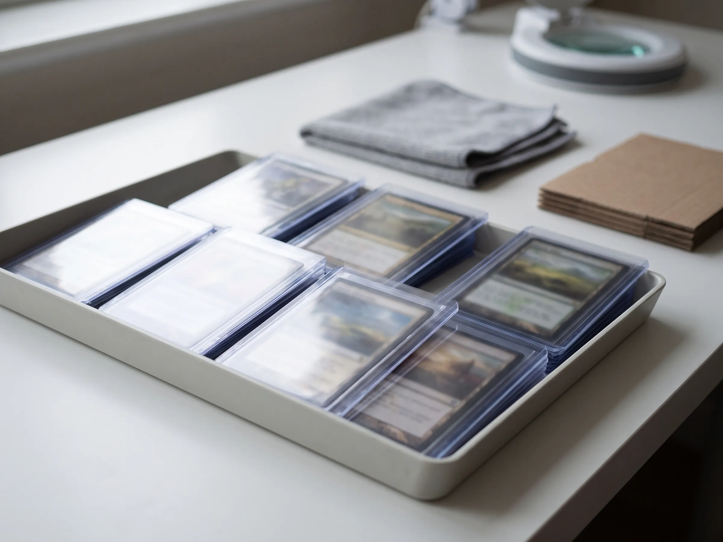 Illustration of trading cards in protective holders arranged in a consignment tray, prepared for a PCG grading submission