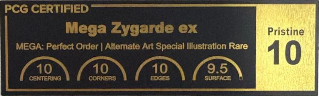 Front PCG Certified label for Mega Zygarde ex showing a Pristine 10 grade and centering, corners, edges and surface subgrades