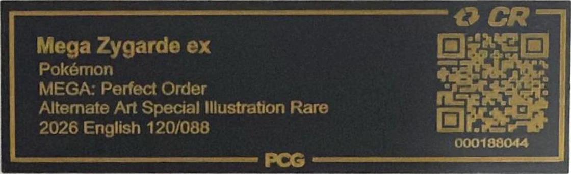 Rear PCG label for Mega Zygarde ex showing the CR mark above the certification QR code and PCG certification number