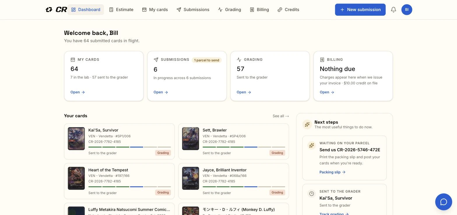 The CardRevive portal dashboard, showing account stat cards, a progress bar for each card, and a Next steps panel with the packing slip.