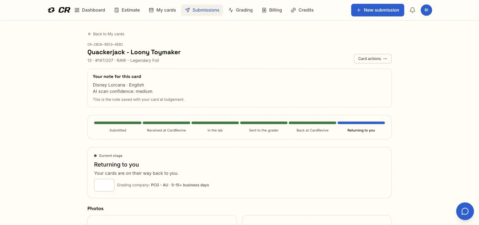 A single card's record in the CardRevive portal, showing the six-stage bar at "Returning to you", the note "Your cards are on their way back to you", and the grading company and turnaround.