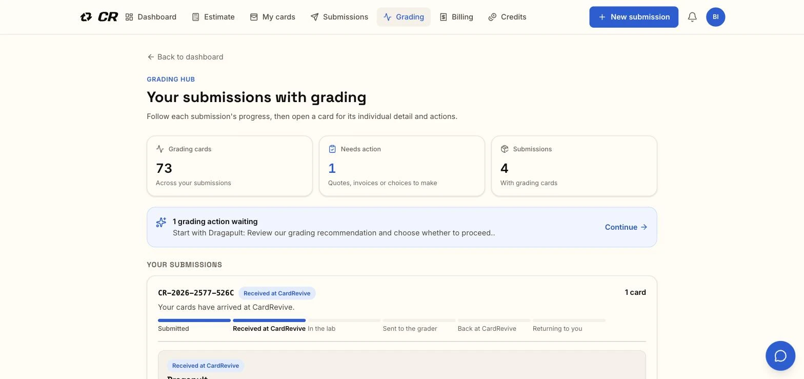 The Grading hub in the CardRevive portal, showing grading stat cards, an action item, and a six-stage progress bar for each submission with grading.
