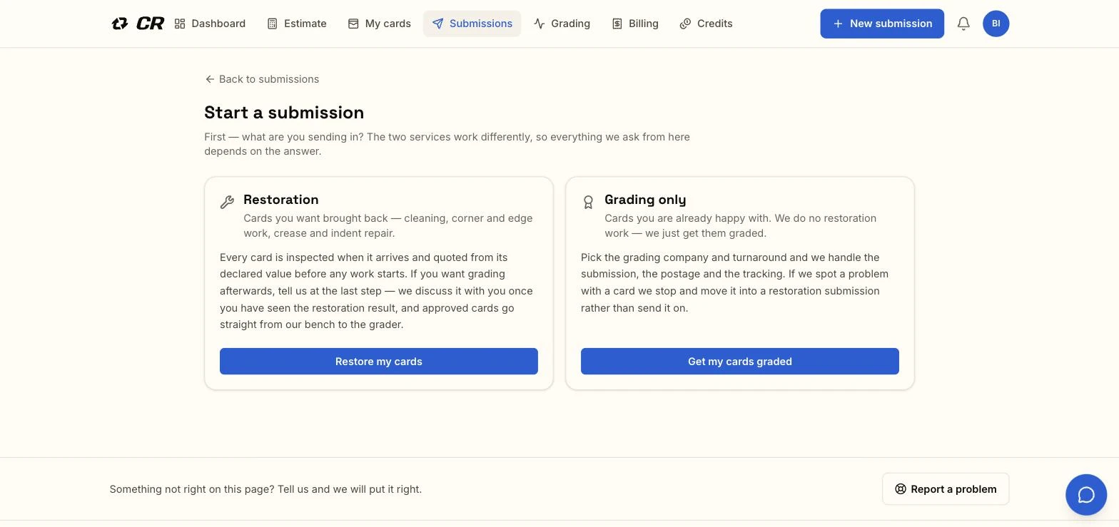 The Start a submission screen in the CardRevive portal, showing the choice between Restoration and Grading only for each card.