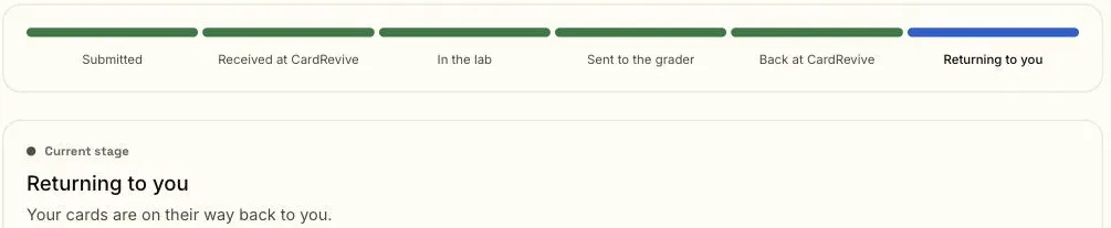 CardRevive client portal showing six submission stages and the Returning to you progress panel