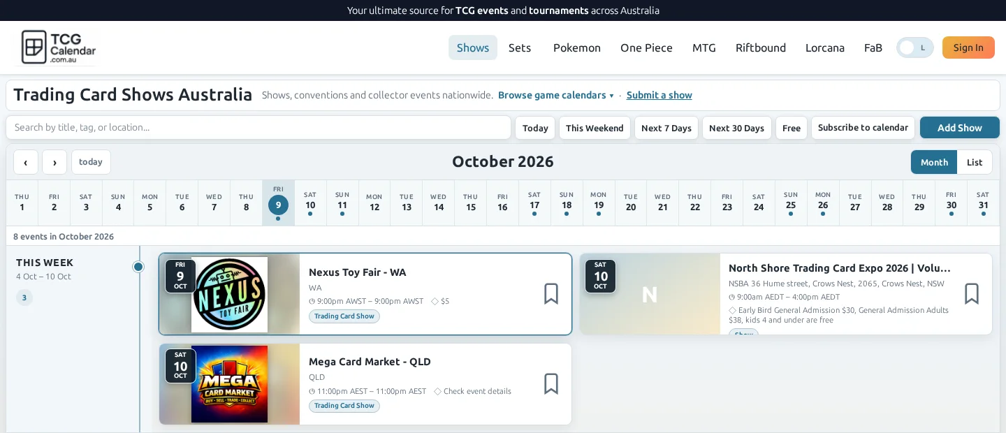TCG Calendar Australia showing October trading card shows with dates, locations and event filters